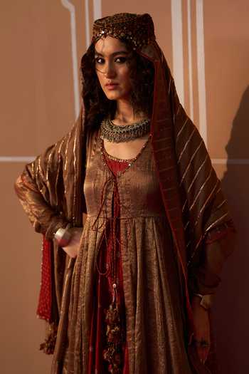 Shop_Swatti Kapoor_Brown Chanderi, Brocade Dev Handowven Dupatta _Online_at_Aza_Fashions