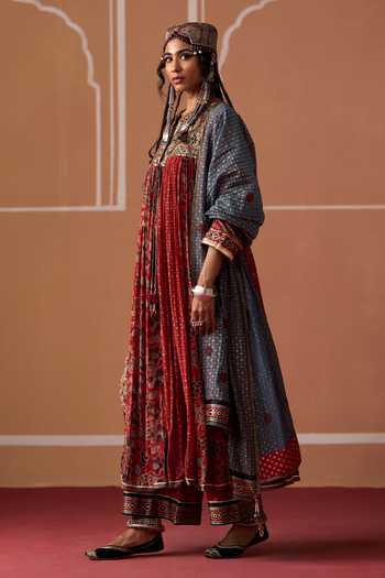 Shop_Swatti Kapoor_Blue Chanderi, Satin, Modal Tejas Ajrakh Dupatta _Online_at_Aza_Fashions