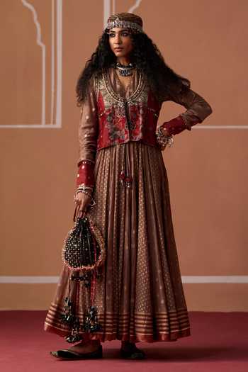 Swatti Kapoor Multi Color Cotton, Chanderi V-neck Nakul Ajrakh Gilet Online at Aza Fashions Swatti Kapoor_Multi Color Cotton, Chanderi V-neck Nakul Ajrakh Gilet _Online_at_Aza_Fashions