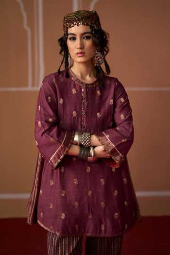 Shop Swatti Kapoor Purple Silk Round Neck Oorja Short Flared Kurta Online at Aza Fashions Shop_Swatti Kapoor_Purple Silk Round Neck Oorja Short Flared Kurta _Online_at_Aza_Fashions
