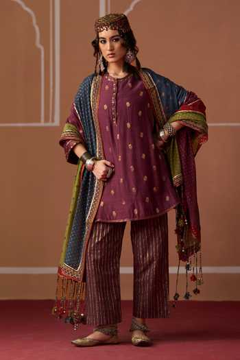 Swatti Kapoor Purple Silk Round Neck Oorja Short Flared Kurta at Aza Fashions Swatti Kapoor_Purple Silk Round Neck Oorja Short Flared Kurta _at_Aza_Fashions