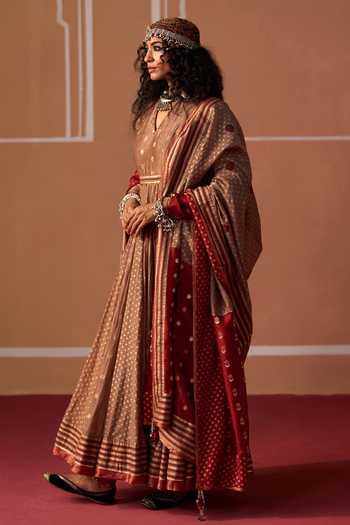 Shop_Swatti Kapoor_Grey Cotton, Chanderi, Brocade V-neck Mishti Handwoven Anarkali _Online_at_Aza_Fashions