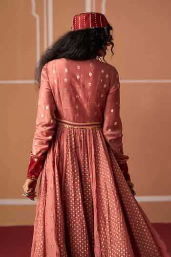Shop_Swatti Kapoor_Peach Cotton, Chanderi, Brocade V-neck, Yes Krisha Handwoven Anarkali _Online_at_Aza_Fashions