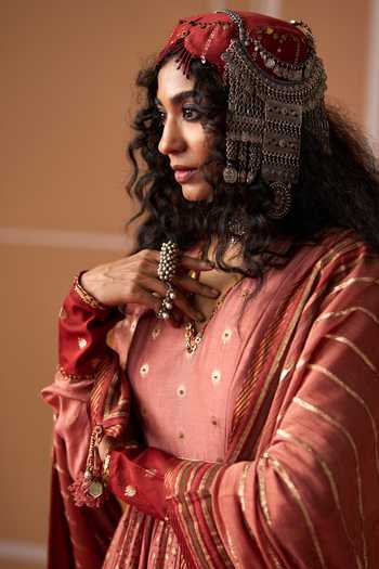 Shop_Swatti Kapoor_Peach Cotton, Chanderi, Brocade V-neck, Yes Krisha Handwoven Anarkali 