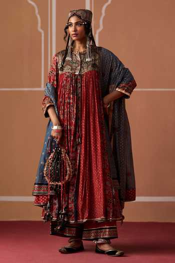 Swatti Kapoor_Brown Cotton, Chanderi, Modal, Satin Round Neck, Vanya Hand Block Print Kurta _Online_at_Aza_Fashions