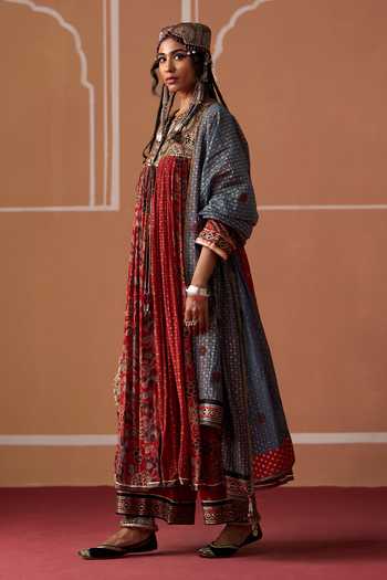 Buy_Swatti Kapoor_Brown Cotton, Chanderi, Modal, Satin Round Neck, Vanya Hand Block Print Kurta _Online_at_Aza_Fashions