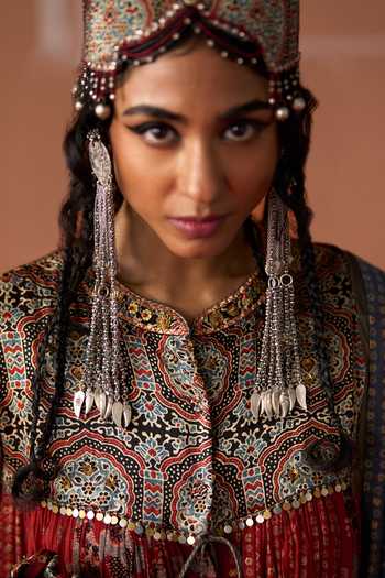 Shop_Swatti Kapoor_Brown Cotton, Chanderi, Modal, Satin Round Neck, Vanya Hand Block Print Kurta _Online_at_Aza_Fashions