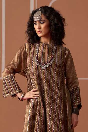 Swatti Kapoor Multi Color Cotton, Chanderi Round Neck Kamya Handwoven Kurta Online at Aza Fashions Swatti Kapoor_Multi Color Cotton, Chanderi Round Neck Kamya Handwoven Kurta _Online_at_Aza_Fashions