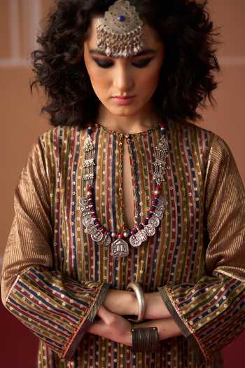 Shop Swatti Kapoor Multi Color Cotton, Chanderi Round Neck Kamya Handwoven Kurta Online at Aza Fashions Shop_Swatti Kapoor_Multi Color Cotton, Chanderi Round Neck Kamya Handwoven Kurta _Online_at_Aza_Fashions