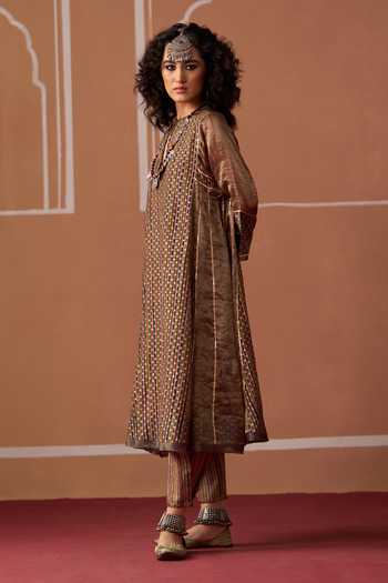 Shop Swatti Kapoor Brown Cotton, Chanderi Kamya Handwoven Kurta Set Online at Aza Fashions Shop_Swatti Kapoor_Brown Cotton, Chanderi Kamya Handwoven Kurta Set _Online_at_Aza_Fashions