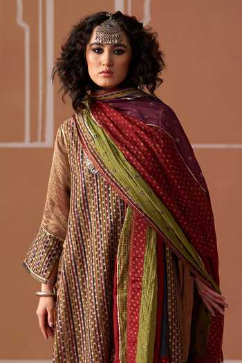Swatti Kapoor Brown Cotton, Chanderi Kamya Handwoven Kurta Set at Aza Fashions Swatti Kapoor_Brown Cotton, Chanderi Kamya Handwoven Kurta Set _at_Aza_Fashions