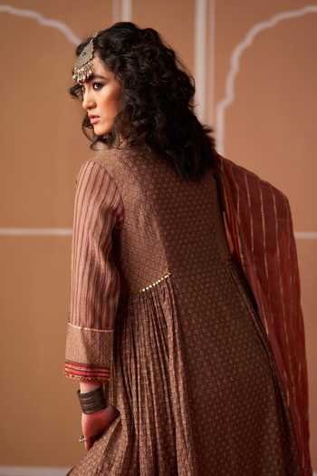 Shop Swatti Kapoor Brown Cotton, Chanderi, Brocade V-neck, Yes Moira Handwoven Anarkali Set Online at Aza Fashions Shop_Swatti Kapoor_Brown Cotton, Chanderi, Brocade V-neck, Yes Moira Handwoven Anarkali Set _Online_at_Aza_Fashions