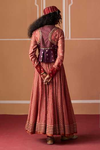 Buy Swatti Kapoor Peach Chanderi, Brocade, Cotton V-neck Krisha Anarkali Set With Iman Gilet Online at Aza Fashions Buy_Swatti Kapoor_Peach Chanderi, Brocade, Cotton V-neck Krisha Anarkali Set With Iman Gilet _Online_at_Aza_Fashions