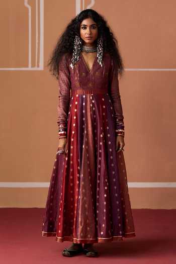 Swatti Kapoor Multi Color Cotton, Chanderi, Brocade V-neck, Yes Sadaf Handwoven Anarkali Set Online at Aza Fashions Swatti Kapoor_Multi Color Cotton, Chanderi, Brocade V-neck, Yes Sadaf Handwoven Anarkali Set _Online_at_Aza_Fashions