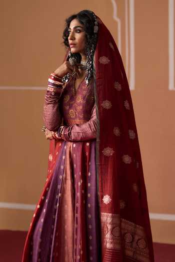 Buy Swatti Kapoor Multi Color Cotton, Chanderi, Brocade V-neck, Yes Sadaf Handwoven Anarkali Set Online at Aza Fashions Buy_Swatti Kapoor_Multi Color Cotton, Chanderi, Brocade V-neck, Yes Sadaf Handwoven Anarkali Set _Online_at_Aza_Fashions