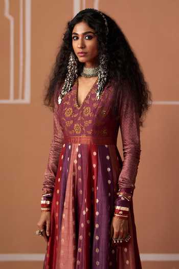 Shop Swatti Kapoor Multi Color Cotton, Chanderi, Brocade V-neck, Yes Sadaf Handwoven Anarkali Set Online at Aza Fashions Shop_Swatti Kapoor_Multi Color Cotton, Chanderi, Brocade V-neck, Yes Sadaf Handwoven Anarkali Set _Online_at_Aza_Fashions