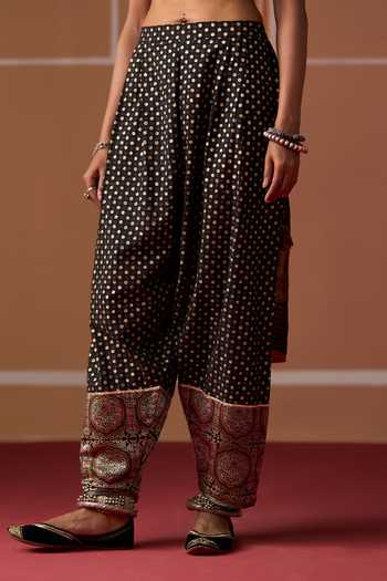 Shop Swatti Kapoor Black Chanderi, Cotton, Modal, Brocade Round Meenal Handwoven Kurta Salwar Set Shop_Swatti Kapoor_Black Chanderi, Cotton, Modal, Brocade Round Meenal Handwoven Kurta Salwar Set