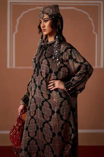 Shop Swatti Kapoor Black Chanderi, Satin, Modal, Brocade Mandarin Sitara Ajrakh Kurta And Pant Set Online at Aza Fashions Shop_Swatti Kapoor_Black Chanderi, Satin, Modal, Brocade Mandarin Sitara Ajrakh Kurta And Pant Set _Online_at_Aza_Fashions