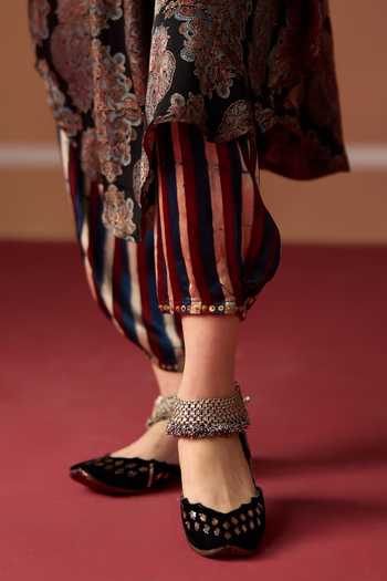 Swatti Kapoor Black Chanderi, Satin, Modal, Brocade Mandarin Sitara Ajrakh Kurta And Pant Set at Aza Fashions Swatti Kapoor_Black Chanderi, Satin, Modal, Brocade Mandarin Sitara Ajrakh Kurta And Pant Set _at_Aza_Fashions