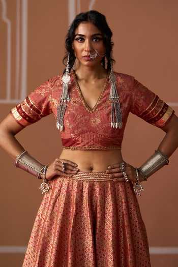 Shop Swatti Kapoor Peach Silk, Cotton, Chanderi, Brocade Ashna Handwoven Lehenga Set Shop_Swatti Kapoor_Peach Silk, Cotton, Chanderi, Brocade Ashna Handwoven Lehenga Set