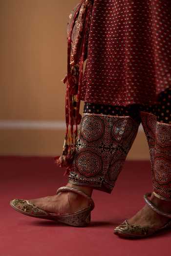 Shop Swatti Kapoor Red Cotton, Chanderi, Satin, Modal, Brocade Round Zeba Ajrakh Kurta And Pant Set Online at Aza Fashions Shop_Swatti Kapoor_Red Cotton, Chanderi, Satin, Modal, Brocade Round Zeba Ajrakh Kurta And Pant Set _Online_at_Aza_Fashions
