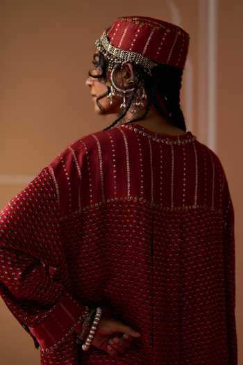 Swatti Kapoor Red Chanderi, Satin, Modal, Brocade Round Neck Zeba Ajrakh Kurta Online at Aza Fashions Swatti Kapoor_Red Chanderi, Satin, Modal, Brocade Round Neck Zeba Ajrakh Kurta _Online_at_Aza_Fashions