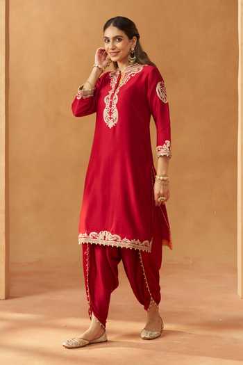 Buy Sheetal Batra Red Silk, Chanderi, Satin Embroidery, Pearls Aabisah Kurta And Dhoti Pant Set Online at Aza Fashions Buy_Sheetal Batra_Red Silk, Chanderi, Satin Embroidery, Pearls Aabisah Kurta And Dhoti Pant Set _Online_at_Aza_Fashions