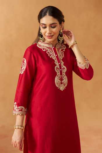 Shop Sheetal Batra Red Silk, Chanderi, Satin Embroidery, Pearls Aabisah Kurta And Dhoti Pant Set Online at Aza Fashions Shop_Sheetal Batra_Red Silk, Chanderi, Satin Embroidery, Pearls Aabisah Kurta And Dhoti Pant Set _Online_at_Aza_Fashions