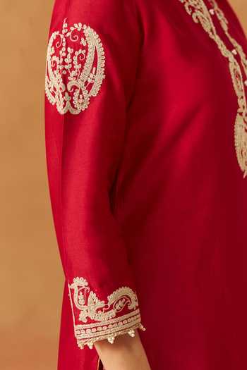 Sheetal Batra Red Silk, Chanderi, Satin Embroidery, Pearls Aabisah Kurta And Dhoti Pant Set at Aza Fashions Sheetal Batra_Red Silk, Chanderi, Satin Embroidery, Pearls Aabisah Kurta And Dhoti Pant Set _at_Aza_Fashions