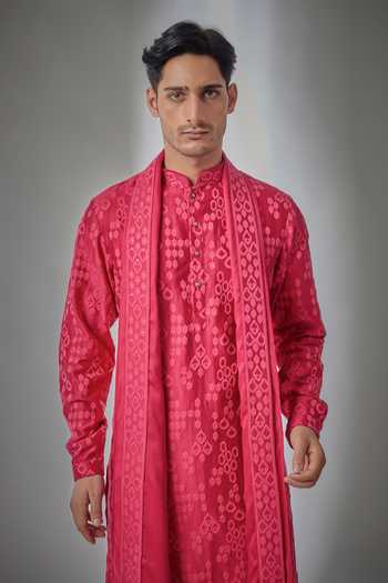 Salil Bhatia_Red Satin, Modal, Silk, Chanderi Rasberry Embellished Kurta Set _Online_at_Aza_Fashions