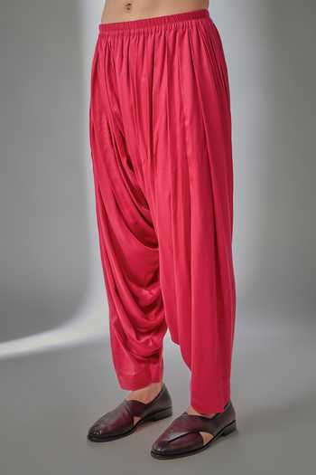 Buy_Salil Bhatia_Red Satin, Modal, Silk, Chanderi Rasberry Embellished Kurta Set _Online_at_Aza_Fashions