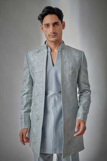 Salil Bhatia Blue Silk, Chanderi Zari Embellished Sherwani Set Online at Aza Fashions Salil Bhatia_Blue Silk, Chanderi Zari Embellished Sherwani Set _Online_at_Aza_Fashions