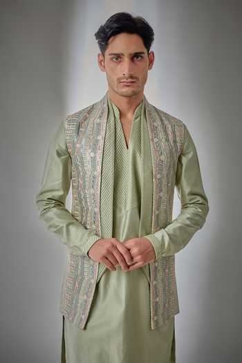Buy Salil Bhatia Green Silk, Chanderi Embroidered Long Bundi And Kurta Set Online at Aza Fashions Buy_Salil Bhatia_Green Silk, Chanderi Embroidered Long Bundi And Kurta Set _Online_at_Aza_Fashions