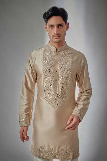 Salil Bhatia Gold Silk Mirror Work Kurta And Pyjama Set Online at Aza Fashions Salil Bhatia_Gold Silk Mirror Work Kurta And Pyjama Set _Online_at_Aza_Fashions