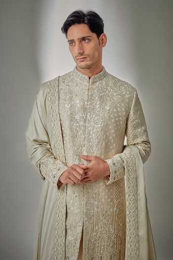 Salil Bhatia_Beige Raw Silk, Silk, Chanderi, Satin, Modal Hand Embroidered Sherwani Set _Online_at_Aza_Fashions