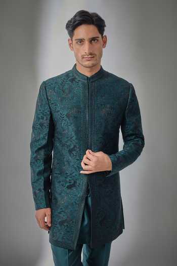 Salil Bhatia Green Silk, Chanderi Zari Embellished Sherwani Set Online at Aza Fashions Salil Bhatia_Green Silk, Chanderi Zari Embellished Sherwani Set _Online_at_Aza_Fashions