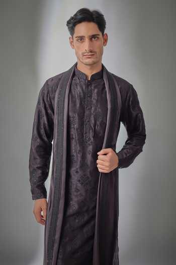 Salil Bhatia_Purple Silk, Satin, Modal Dark Aubergine Zari Embellished Kurta Set _Online_at_Aza_Fashions