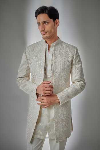 Buy Salil Bhatia Ivory Silk, Chanderi Embroidered Sherwani Set Online at Aza Fashions Buy_Salil Bhatia_Ivory Silk, Chanderi Embroidered Sherwani Set _Online_at_Aza_Fashions