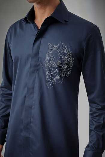 Salil Bhatia_Blue Cotton Wolf Motif Shirt _Online_at_Aza_Fashions