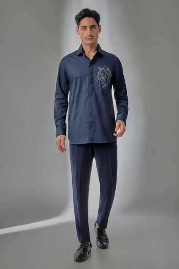 Buy_Salil Bhatia_Blue Cotton Wolf Motif Shirt _Online_at_Aza_Fashions