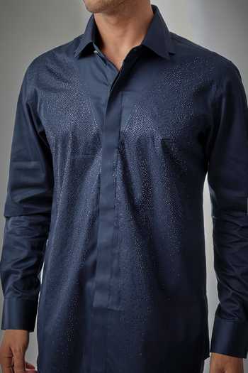 Salil Bhatia Blue Cotton Butterfly Crystal Embellished Shirt Online at Aza Fashions Salil Bhatia_Blue Cotton Butterfly Crystal Embellished Shirt _Online_at_Aza_Fashions