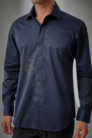 Salil Bhatia_Blue Cotton Metallic Stud Embellished Shirt _Online_at_Aza_Fashions