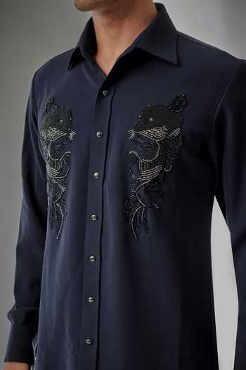Salil Bhatia Blue Dual Panther Hand Embroidered Shirt Online at Aza Fashions Salil Bhatia_Blue Dual Panther Hand Embroidered Shirt _Online_at_Aza_Fashions