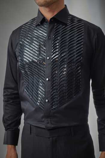 Salil Bhatia_Black Cotton Crescent Detailing Tuxedo Shirt _Online_at_Aza_Fashions