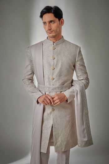 Buy_Salil Bhatia_Pink Silk, Chanderi, Modal, Satin Zari, Embroidery Embellished Sherwani Set _Online_at_Aza_Fashions
