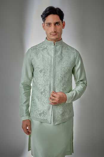 Salil Bhatia Green Silk, Chanderi Zari Embellished Bundi And Kurta Set Online at Aza Fashions Salil Bhatia_Green Silk, Chanderi Zari Embellished Bundi And Kurta Set _Online_at_Aza_Fashions