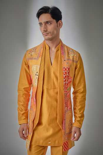 Buy Salil Bhatia Yellow Chinon, Chanderi, Silk Embroidered Nehru Jacket Kurta Set Online at Aza Fashions Buy_Salil Bhatia_Yellow Chinon, Chanderi, Silk Embroidered Nehru Jacket Kurta Set _Online_at_Aza_Fashions