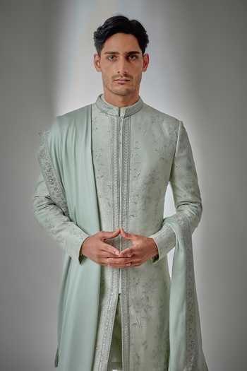 Salil Bhatia Green Silk, Chanderi, Satin, Modal Pista Zari Embellished Sherwani Set Online at Aza Fashions Salil Bhatia_Green Silk, Chanderi, Satin, Modal Pista Zari Embellished Sherwani Set _Online_at_Aza_Fashions