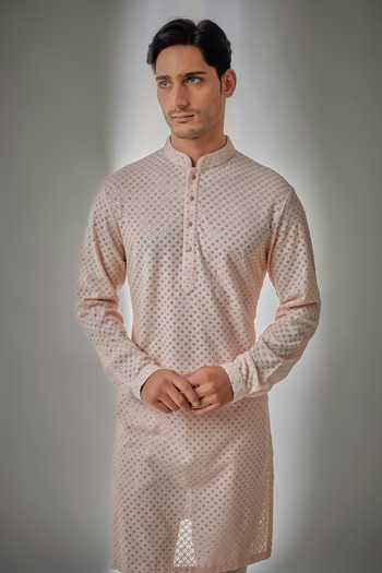 Salil Bhatia_Pink Georgette, Silk, Chanderi Peachish Sequin Embellished Kurta Set _Online_at_Aza_Fashions