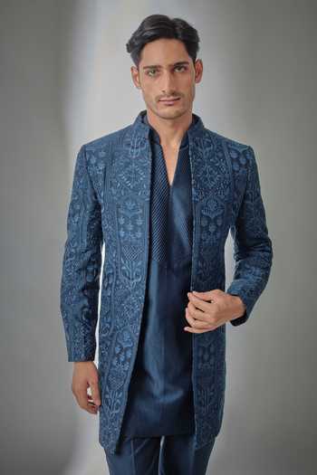 Salil Bhatia Blue Silk, Chanderi Embroidered Sherwani Set Online at Aza Fashions Salil Bhatia_Blue Silk, Chanderi Embroidered Sherwani Set _Online_at_Aza_Fashions